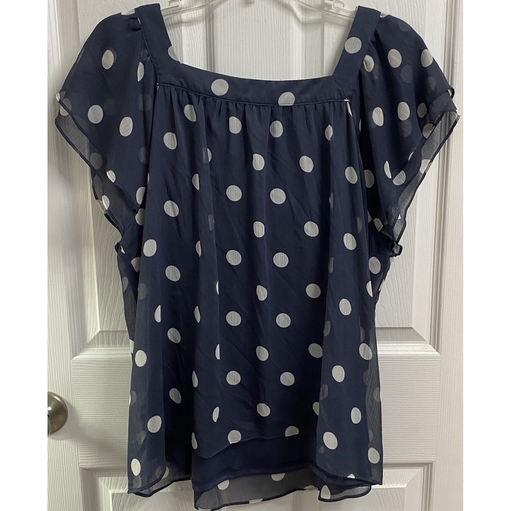 Lauren Conrad Women Cap Sleeve Blouse Polka Dot Pullover Top Blue/White Tunic XL - Picture 3 of 6